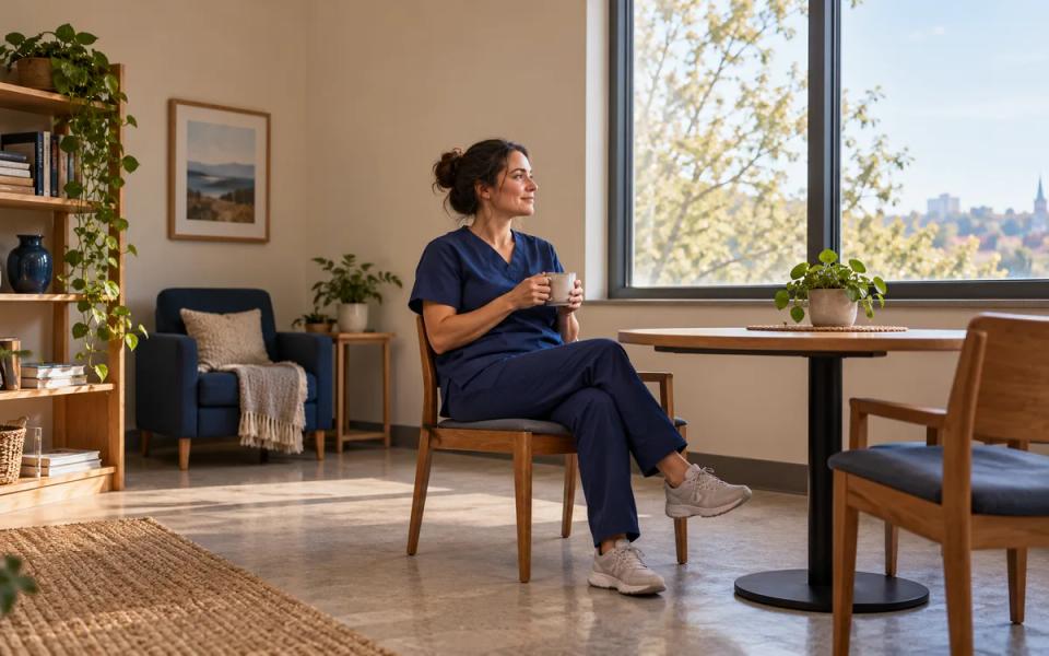 An adult in navy scrubs holding a ceramic cup during a quiet window-side pause.