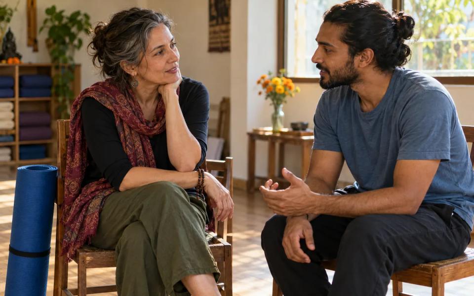 Two adults seated on wooden chairs talking beside a rolled blue yoga mat.