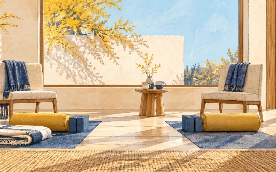 An illustrated accessible practice room with chairs, bolsters and cups of tea.