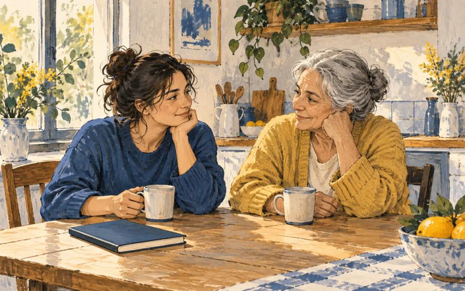 A younger and an older adult sharing a quiet moment with cups at a kitchen table.