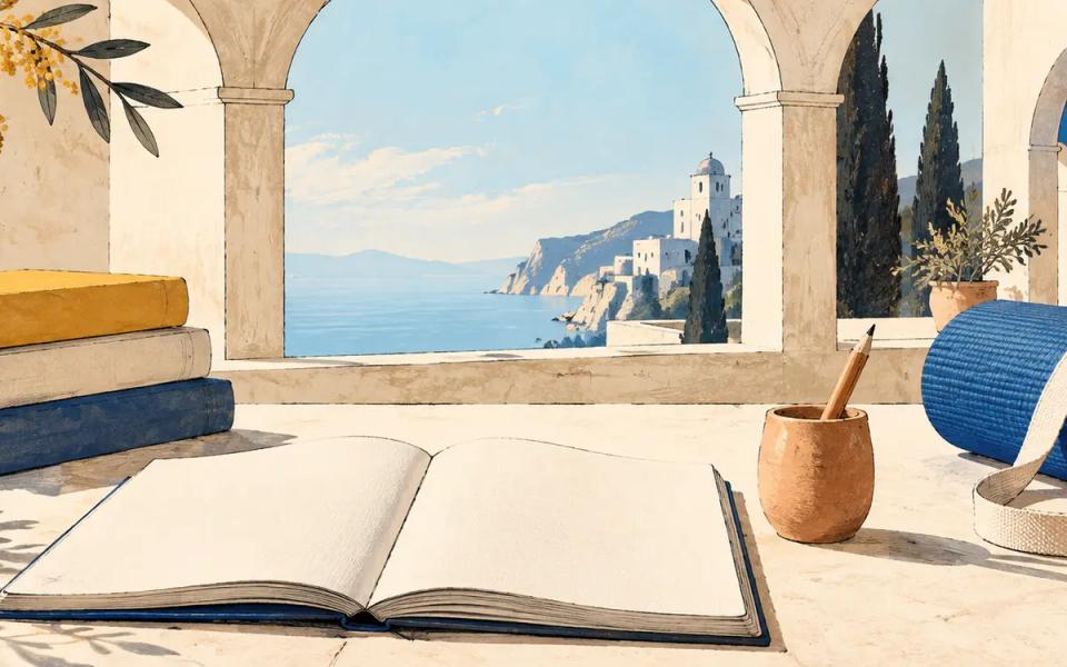 An illustrated blank notebook, books and yoga mat beside architectural arches.