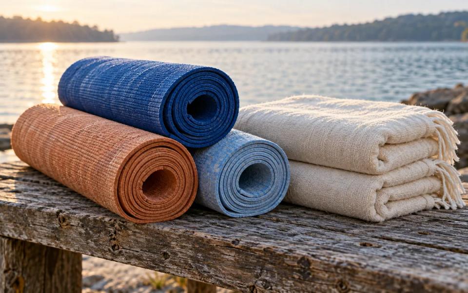 Rolled yoga mats and a small stack of folded blankets on a wooden bench, with softly lit water beyond.
