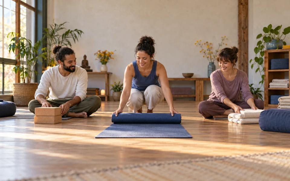 Three adults preparing mats and simple props in a shared practice room.