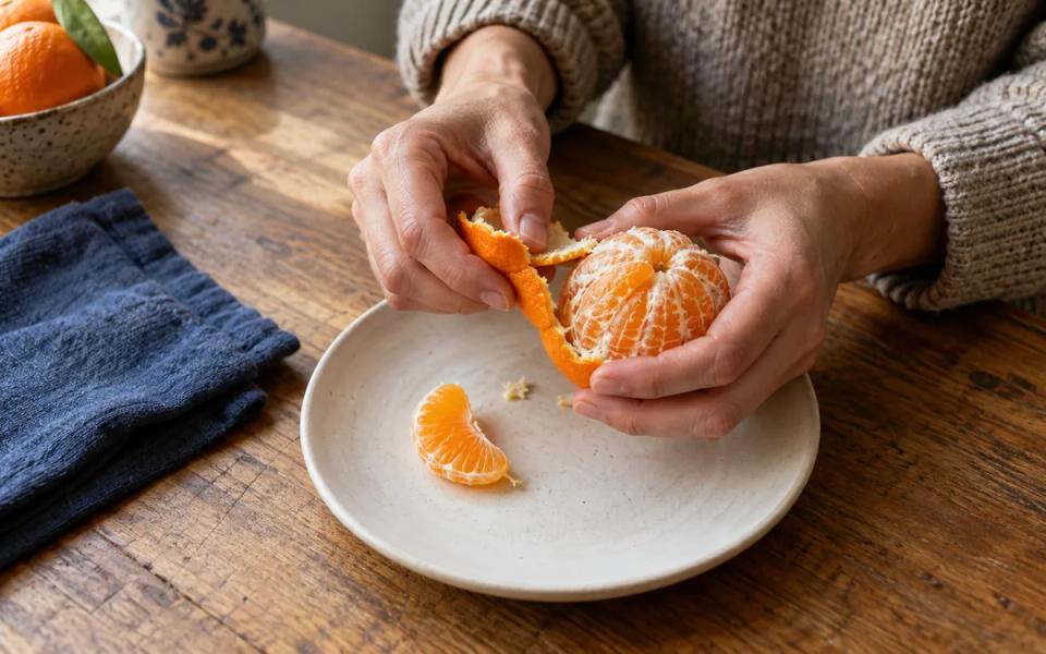 Hands gently peel an orange over a small ceramic plate on a wooden table beside a window.