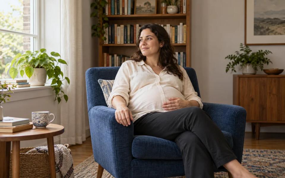 A pregnant woman seated comfortably in a blue chair beside a window.