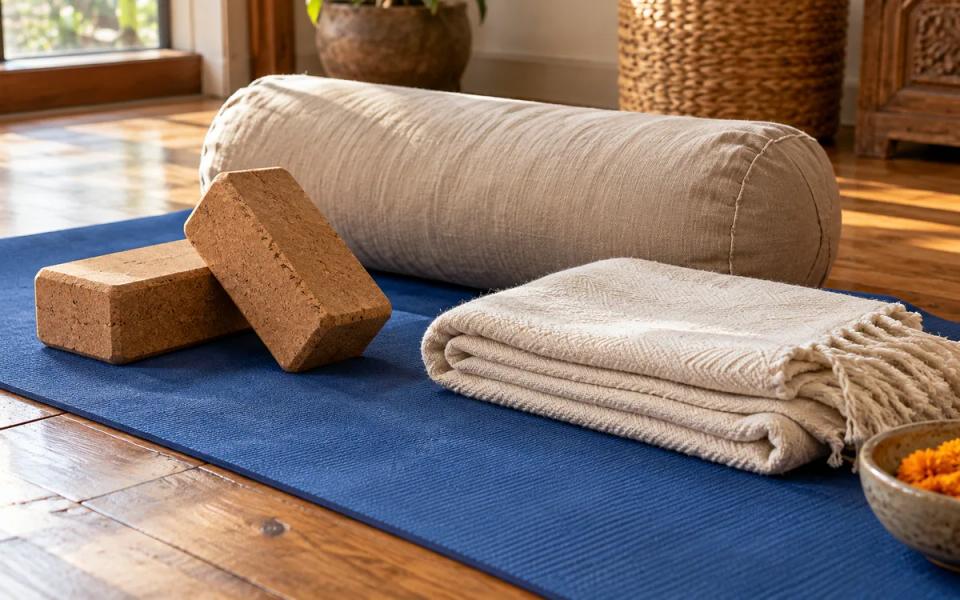 Folded blankets, a bolster and two cork yoga blocks arranged beside a blue mat in soft daylight.
