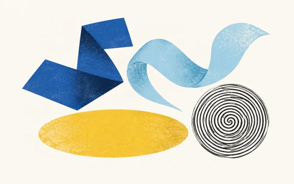Four distinct blue, ink and yellow abstract forms arranged on warm paper.