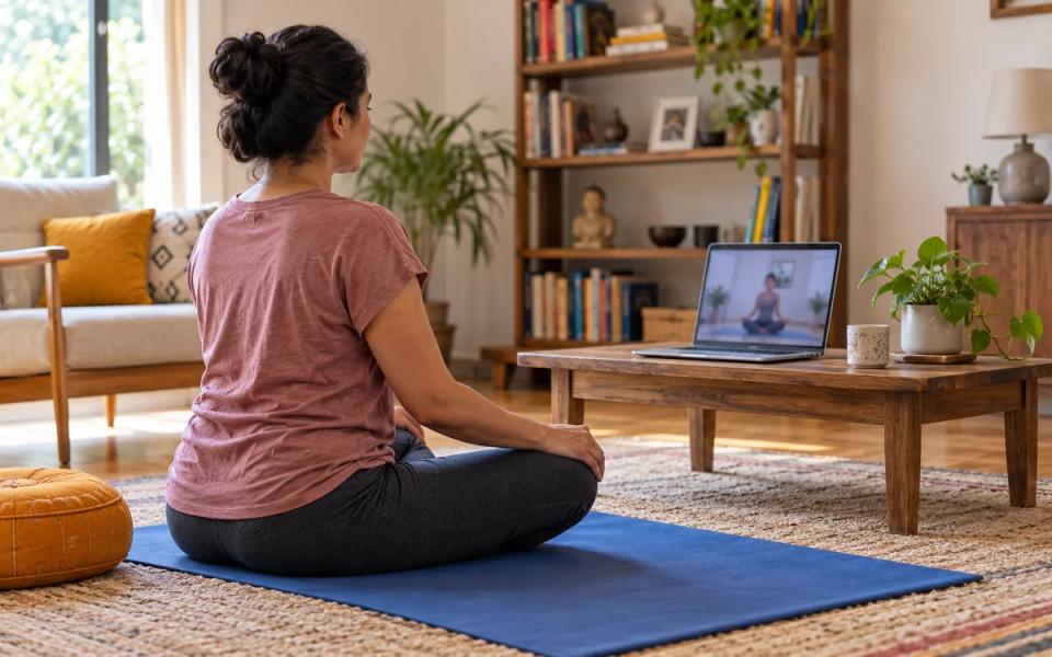 An adult sits on a blue yoga mat facing a laptop on a low table in a modest room.