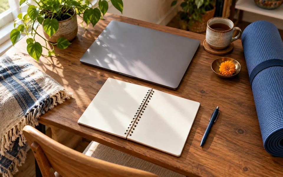 Overhead study arrangement with a closed laptop, blank notebook and rolled yoga mat.
