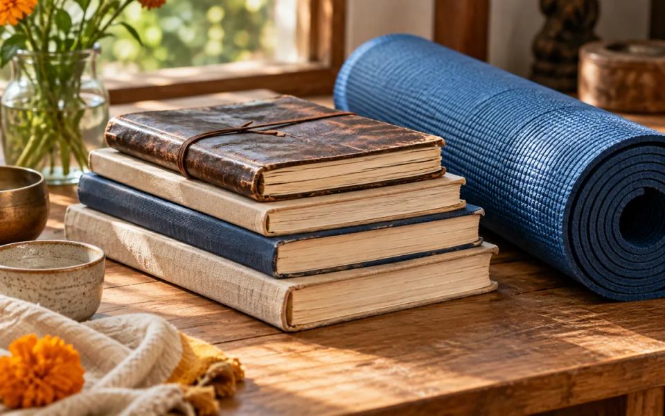 Worn notebooks and cloth-bound books beside a rolled blue yoga mat on a wooden table.
