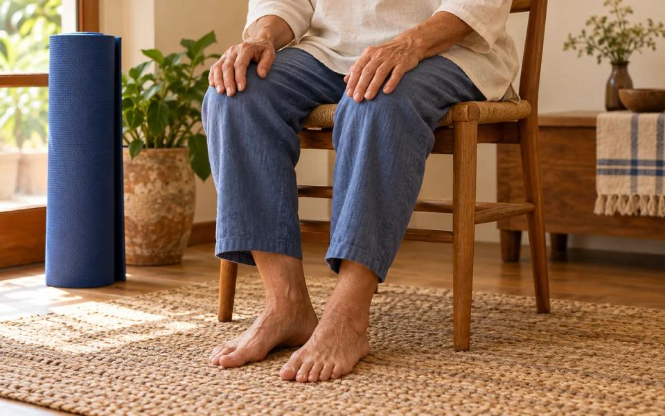 Relaxed hands on knees, a wooden chair and a rolled blue mat.