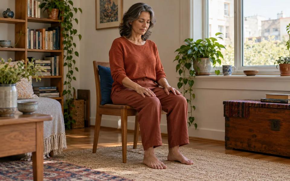 An adult sits upright in a wooden chair beside a window, with feet resting on the floor.