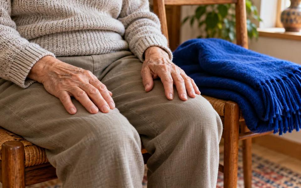 A close view of hands resting comfortably on thighs, with a folded blue blanket beside the chair.