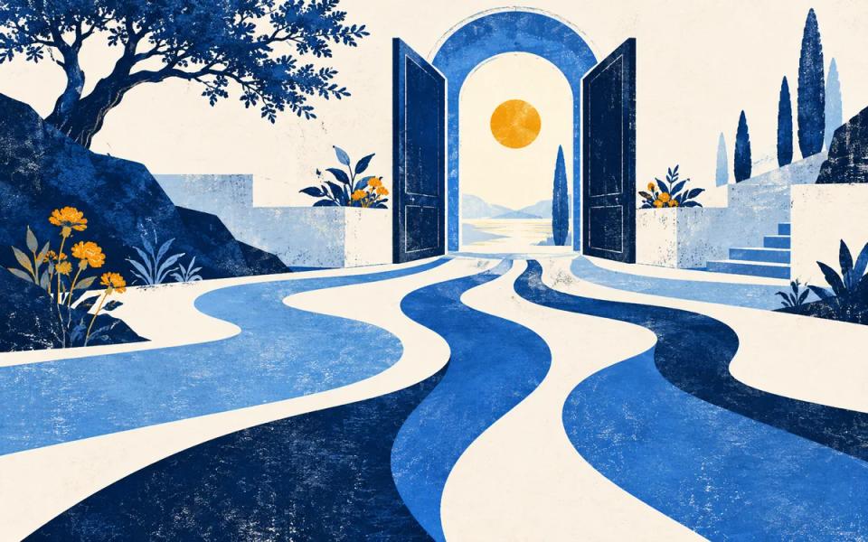 Cobalt and sky-blue curved forms arranged around an open doorway on warm paper.