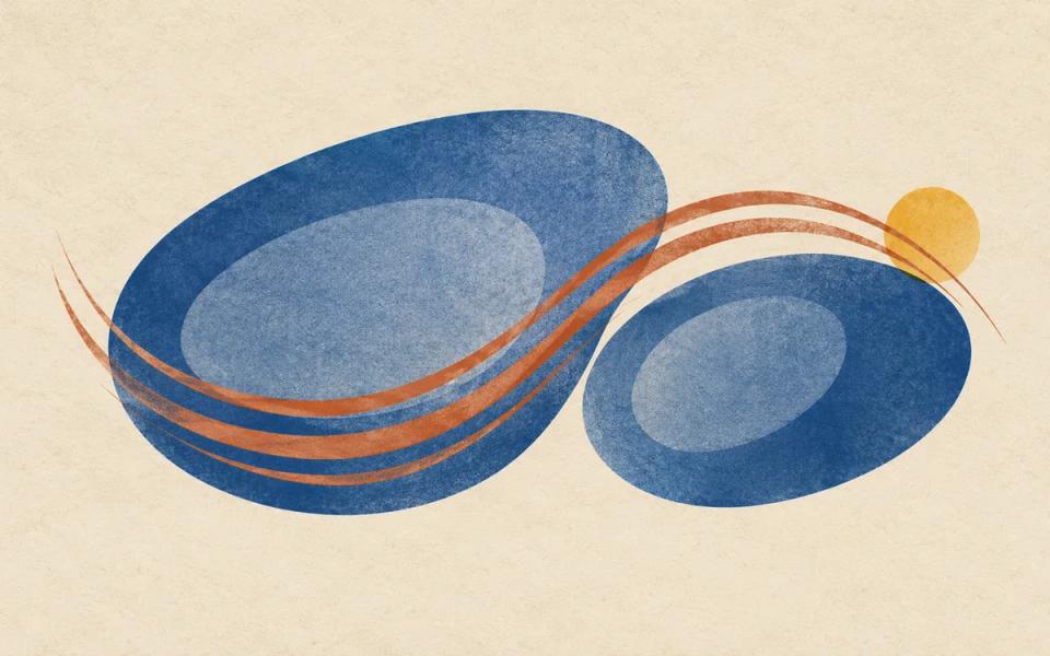 Nested blue oval forms crossed by terracotta ripple lines on warm paper.