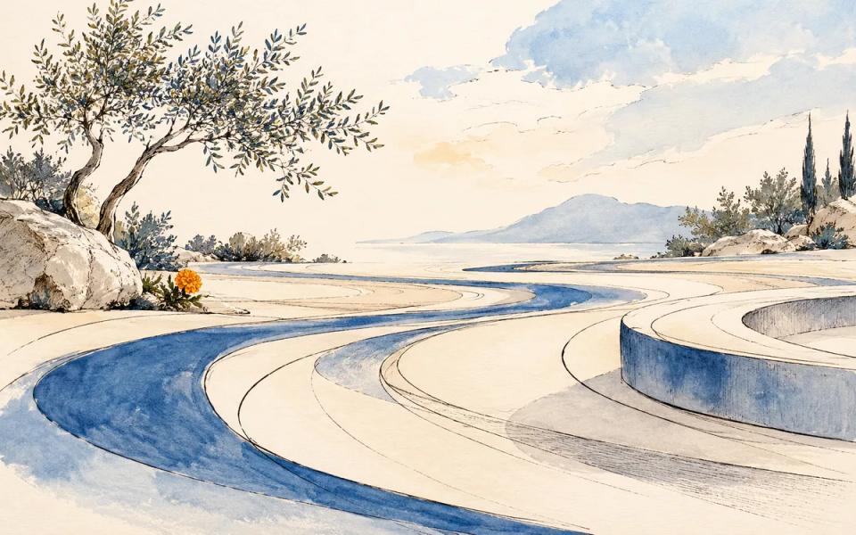 An ink pathway and cobalt curved forms cross a warm paper field, with a restrained marigold accent.