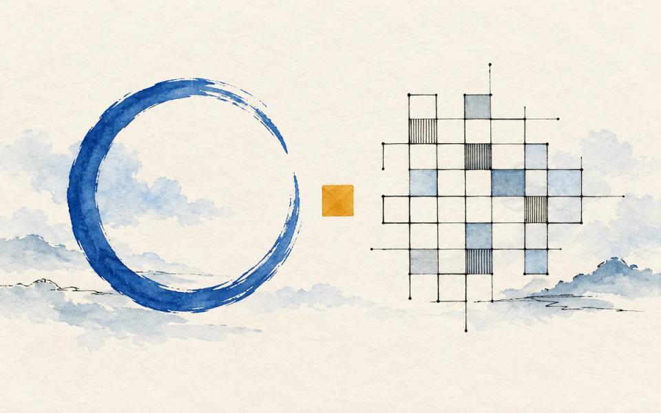 An open blue circle beside an ink lattice of squares and a small yellow block.