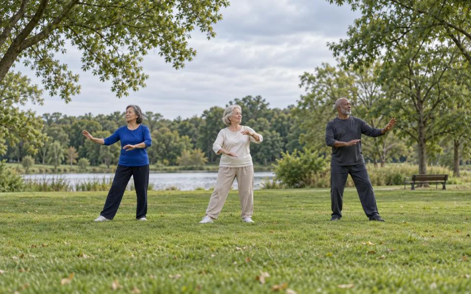 Three older adults making gentle standing arm movements in a grassy park.