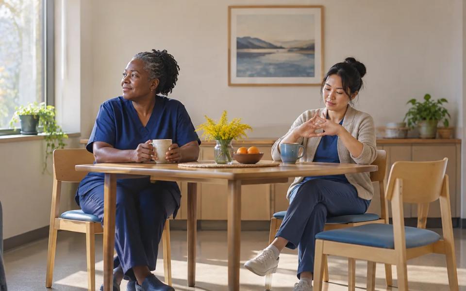 Two colleagues taking a quiet pause with mugs at a small table.