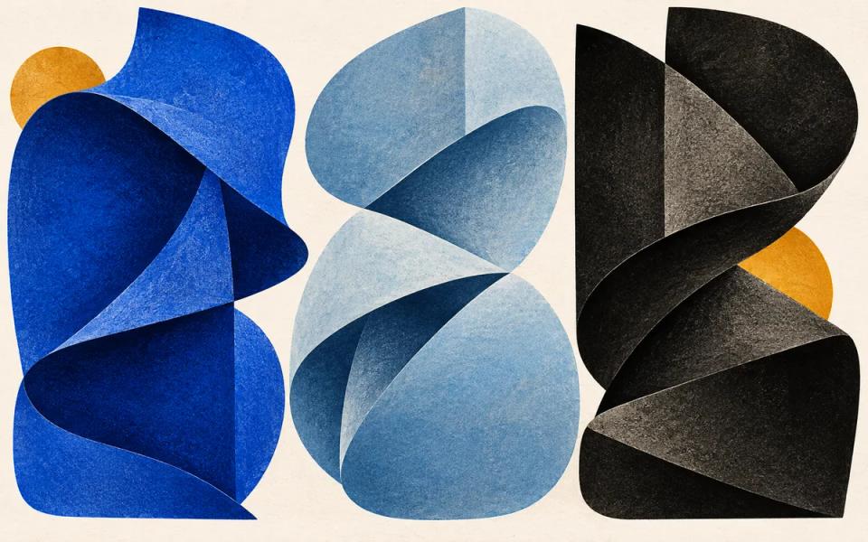 Three folded forms in cobalt, sky blue and dark ink arranged on warm paper.