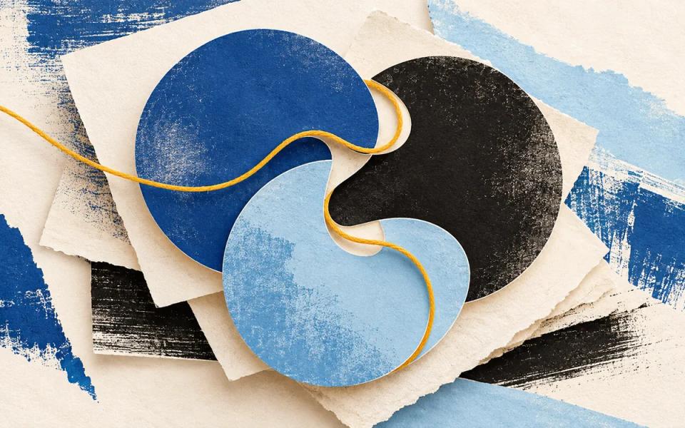 Layered folded sheets and cobalt shapes connected by a fine marigold thread.