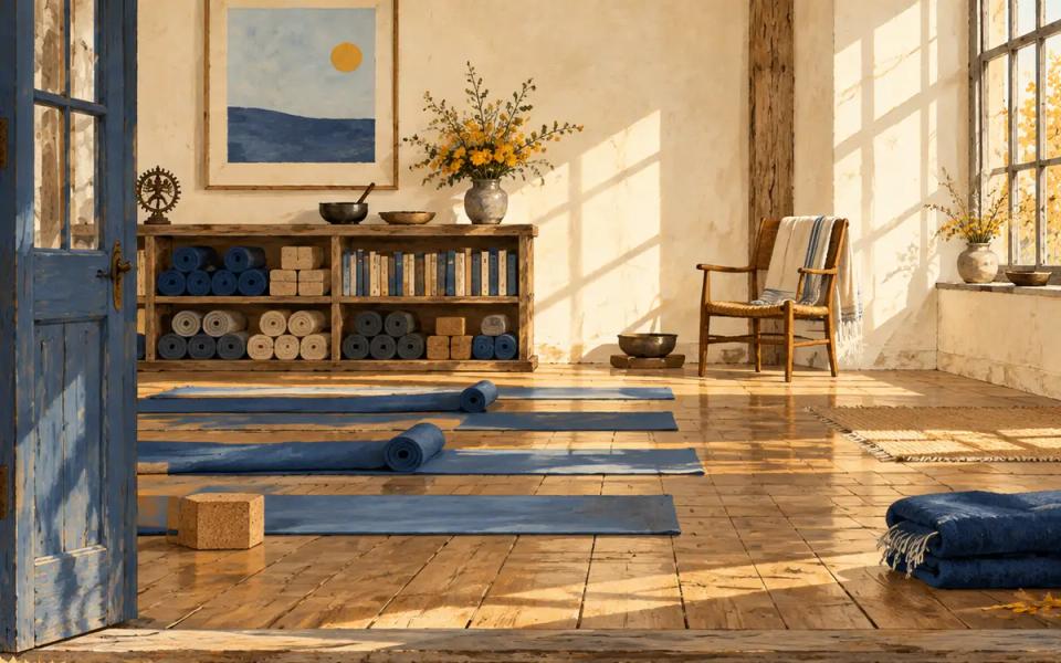 An illustrated sunlit yoga room with mats, books and a chair.