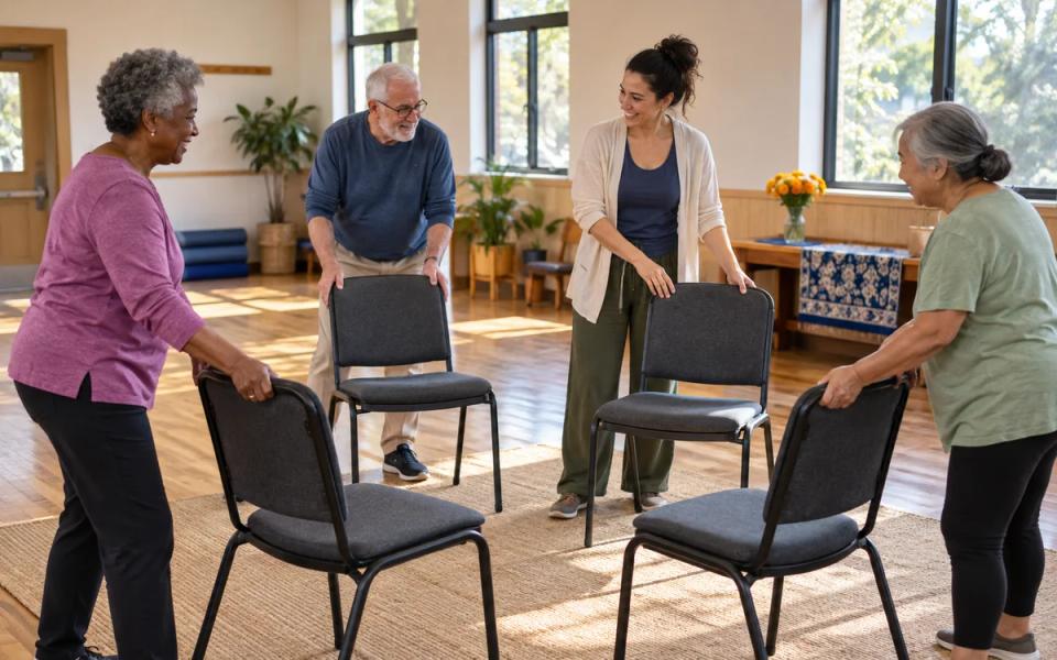 Group of older adults and a teacher arranging chairs in a sunlit community room.