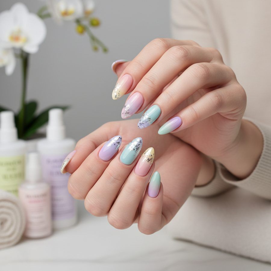 Intricate nail art with gold leaf detail