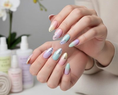 Intricate nail art with gold leaf detail