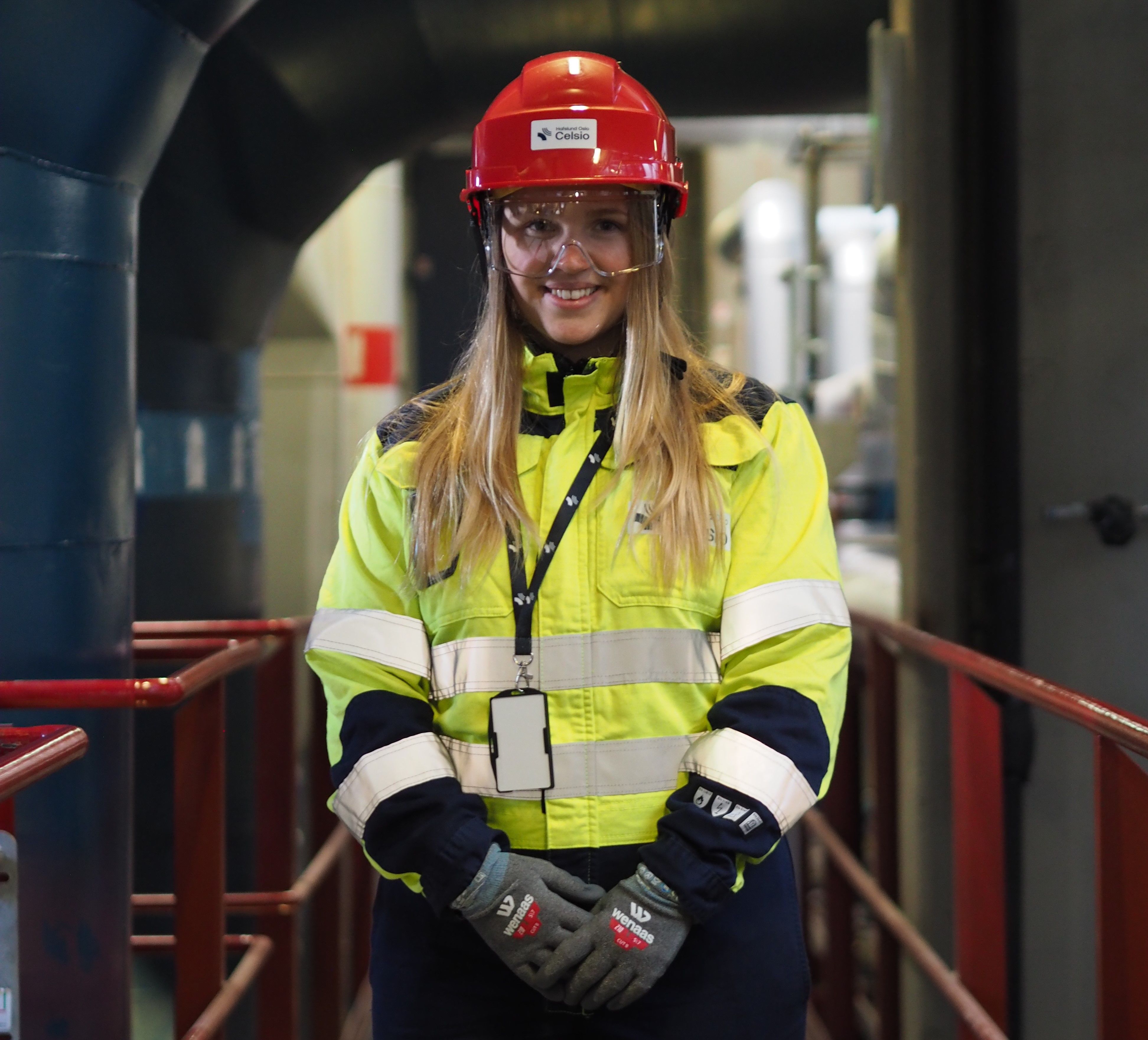 a woman wearing a hard hat and safety gear is standing on a railing in a factory .