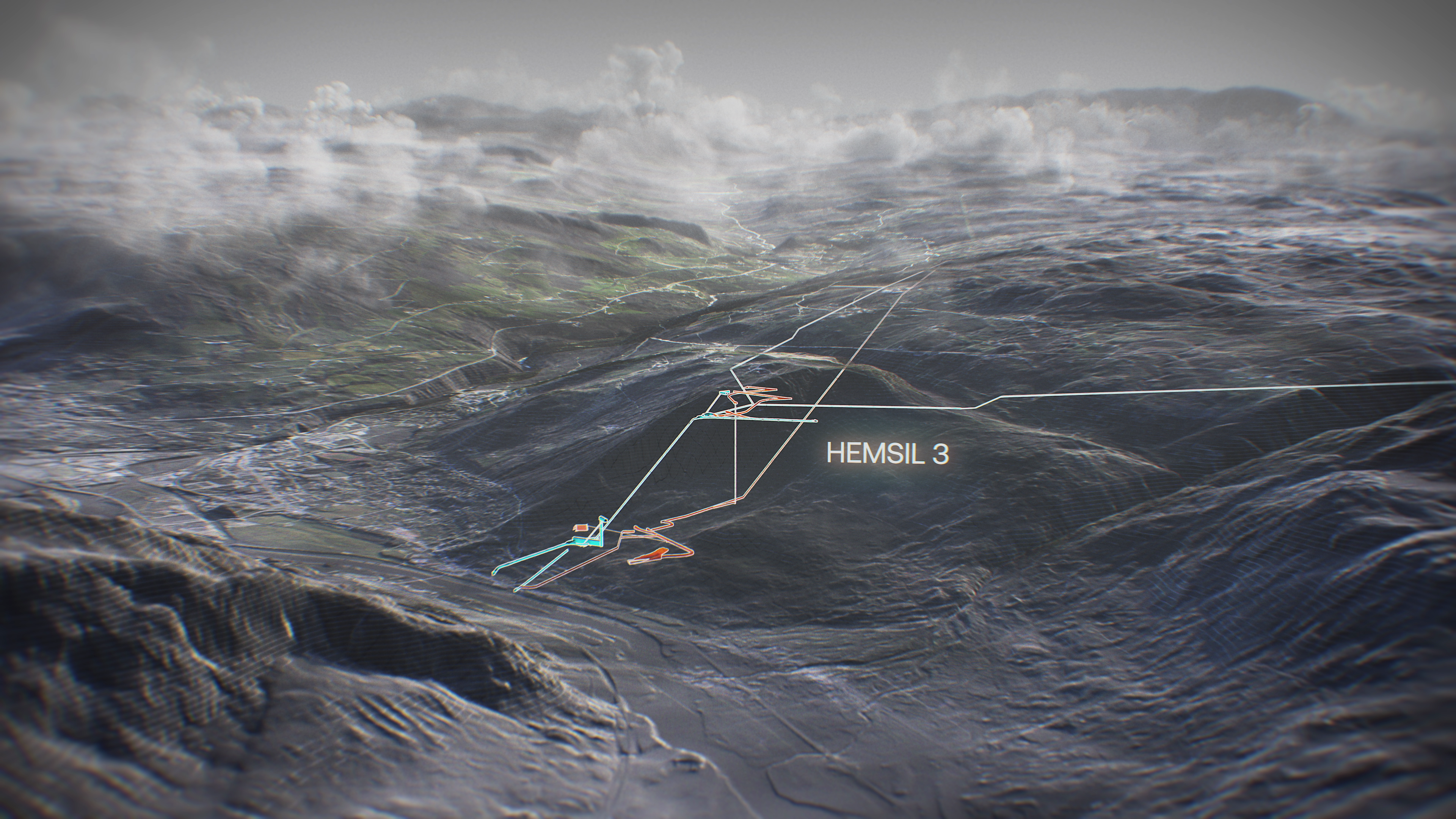 Rendered aerial view of Hemsil 3 infrastructure superimposed on a cloudy, mountainous landscape.