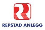 a red and white logo for repstad anlegg on a white background