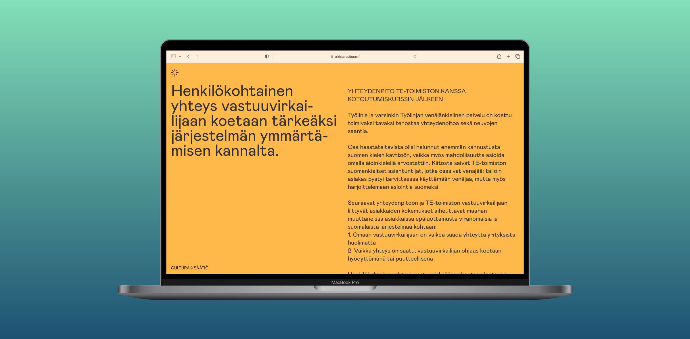 Kannettavan näytöllä interaktiivinen raportti venäjänkielisten kotoutumisesta ja TE-toimiston palveluista.