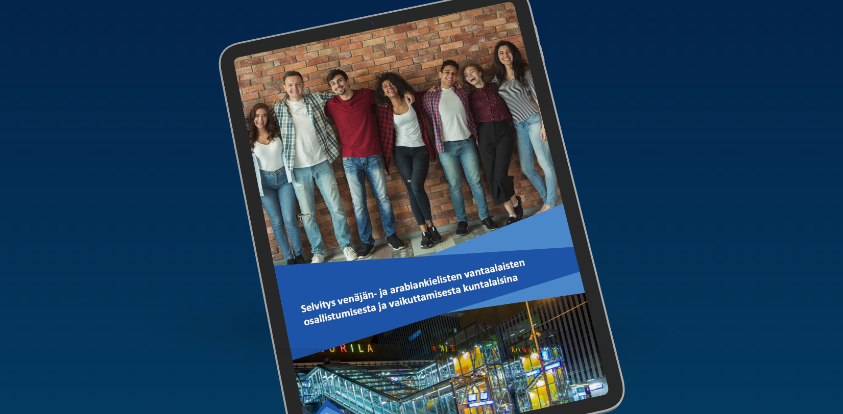 Report cover on a tablet screen, showing young people standing against a brick wall.