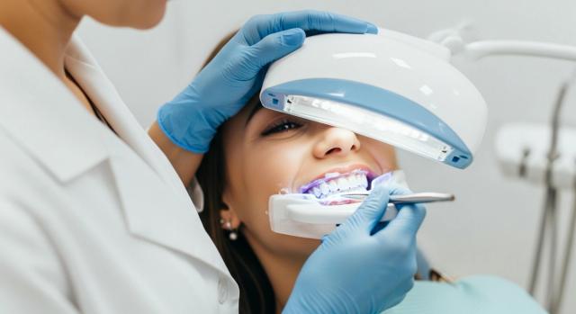 A dentist performing a teeth whitening procedure on a patient with a UV lamp and a mouth tray.