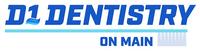 the logo for d1 dentistry on main shows a toothbrush and the words dentistry on main .