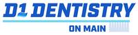 the logo for d1 dentistry on main shows a toothbrush and the words dentistry on main .