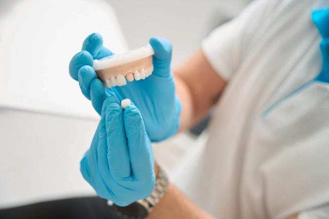 Gloved hands holding a dental model with a missing tooth next to a custom crown