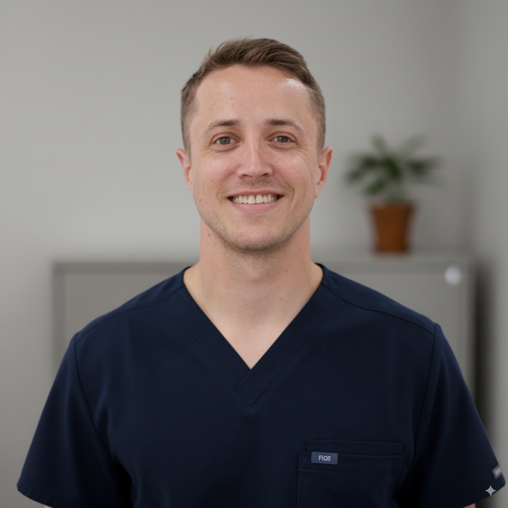 a man wearing a scrub top with the word figs on the pocket