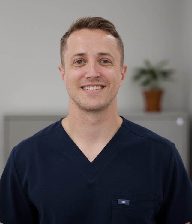 a man wearing a scrub top with the word figs on the pocket