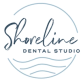 a logo for shoreline dental studio with waves in the background