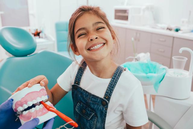 a little girl is sitting in a dental chair holding a model of teeth .