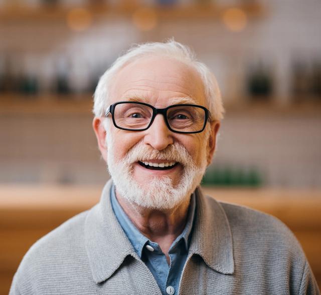 an elderly man with glasses and a beard is smiling for the camera .