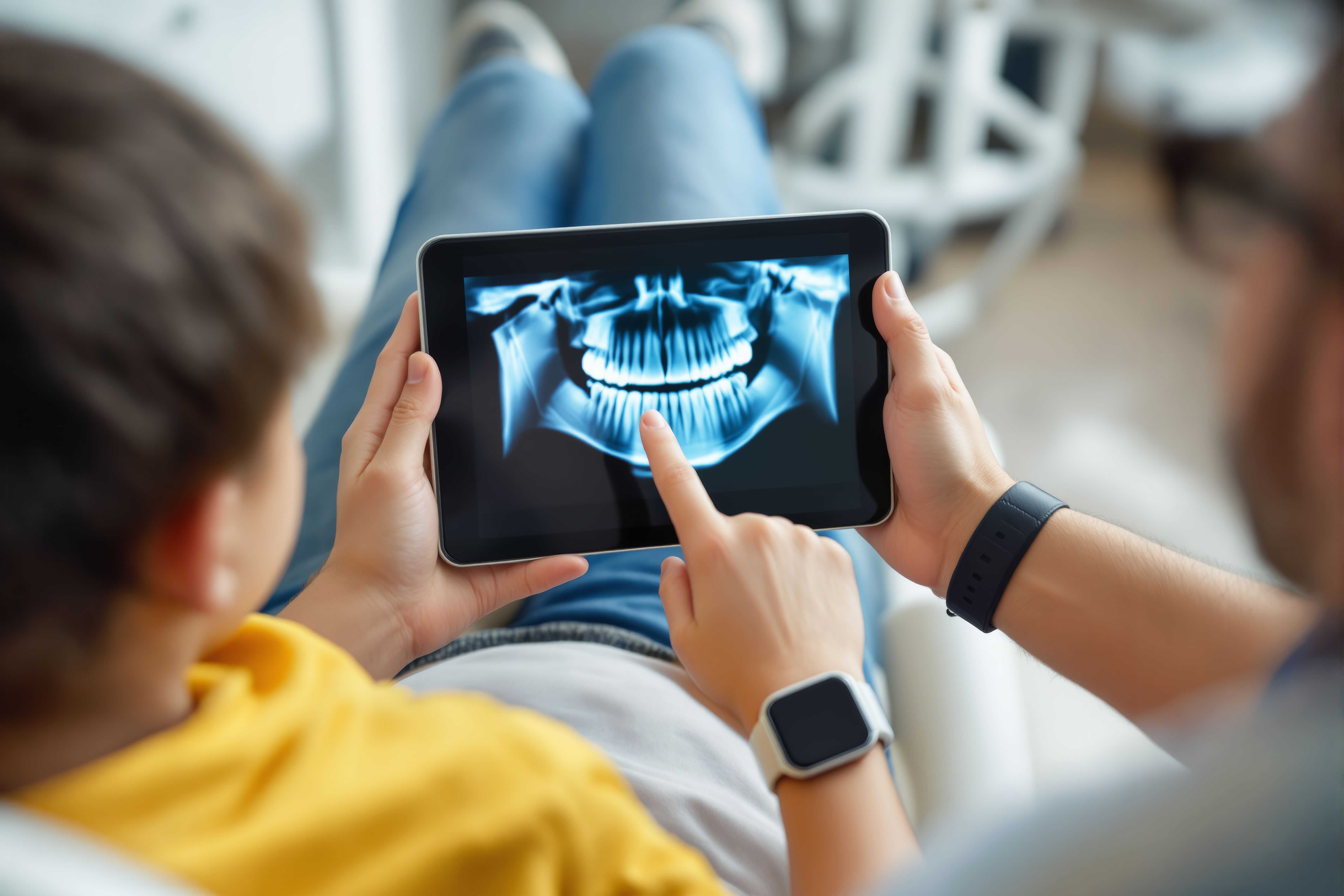 a person is looking at an x-ray of their teeth on a tablet .