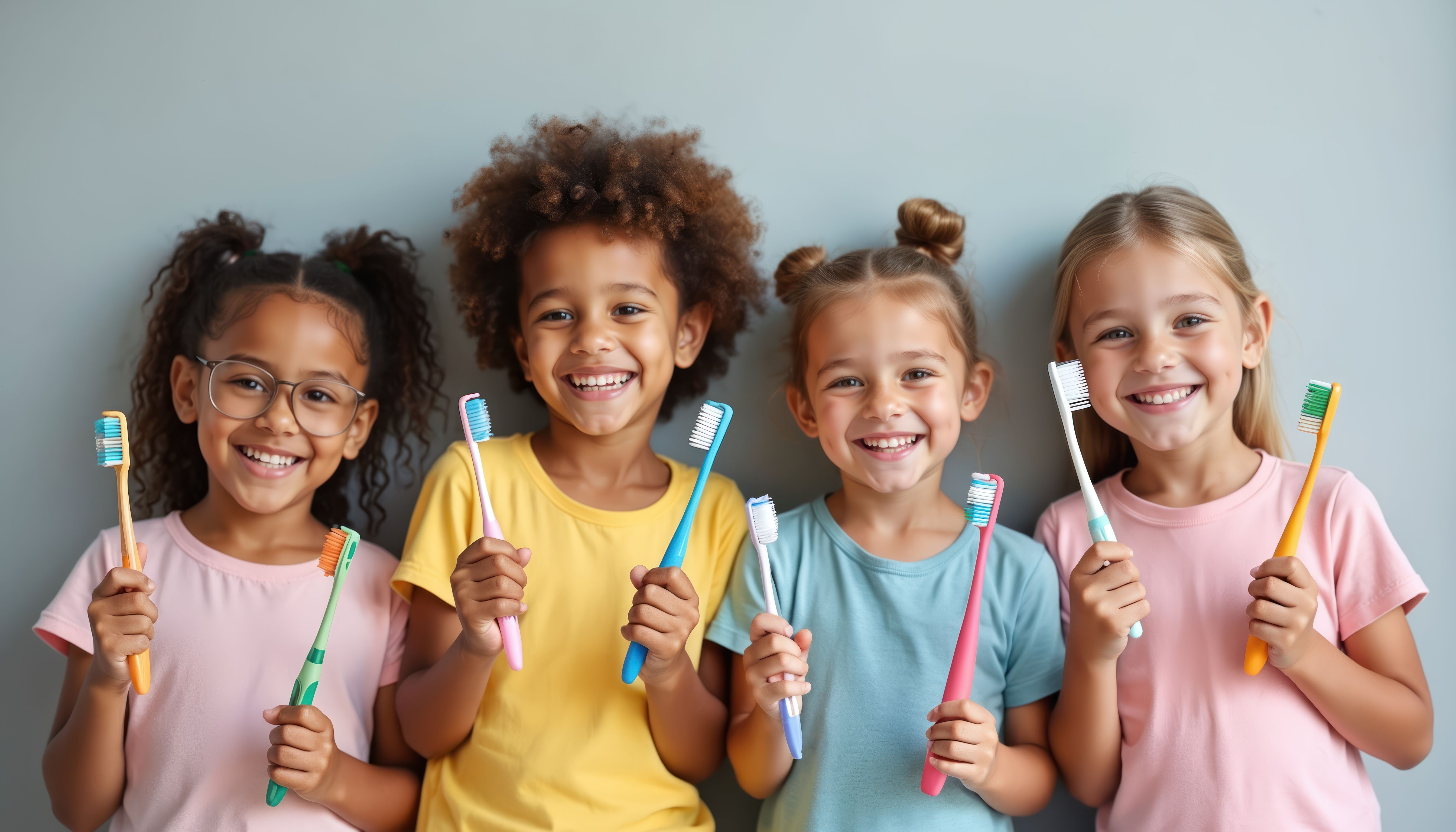 Four smiling children holding toothbrushes.