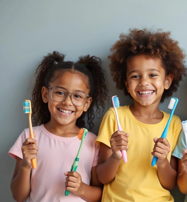Four smiling children holding colorful toothbrushes.