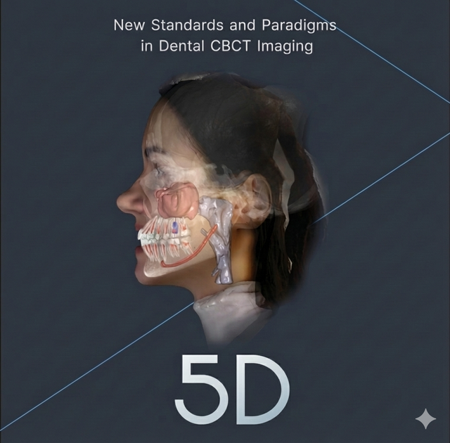 3D rendering of a human head in profile, transparently showing dental and jaw anatomy. Text at the top reads 'New Standards and Paradigms in Dental CBCT Imaging,' and '5D' is at the bottom.