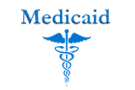 Blue text "Medicaid" with a blue Caduceus symbol below it.