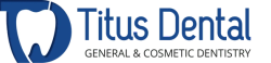 a logo for titus dental care with a blue tooth on a black background
