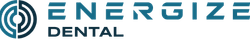 a blue logo for energize dental on a black background